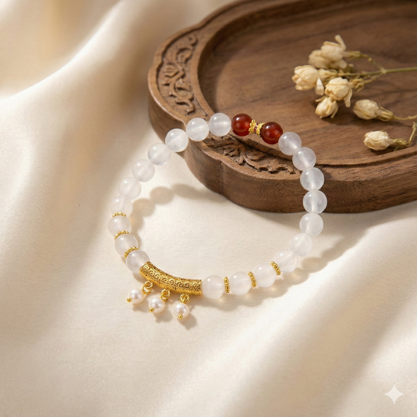 "Jade Bell" White and Red Agate Bracelet 