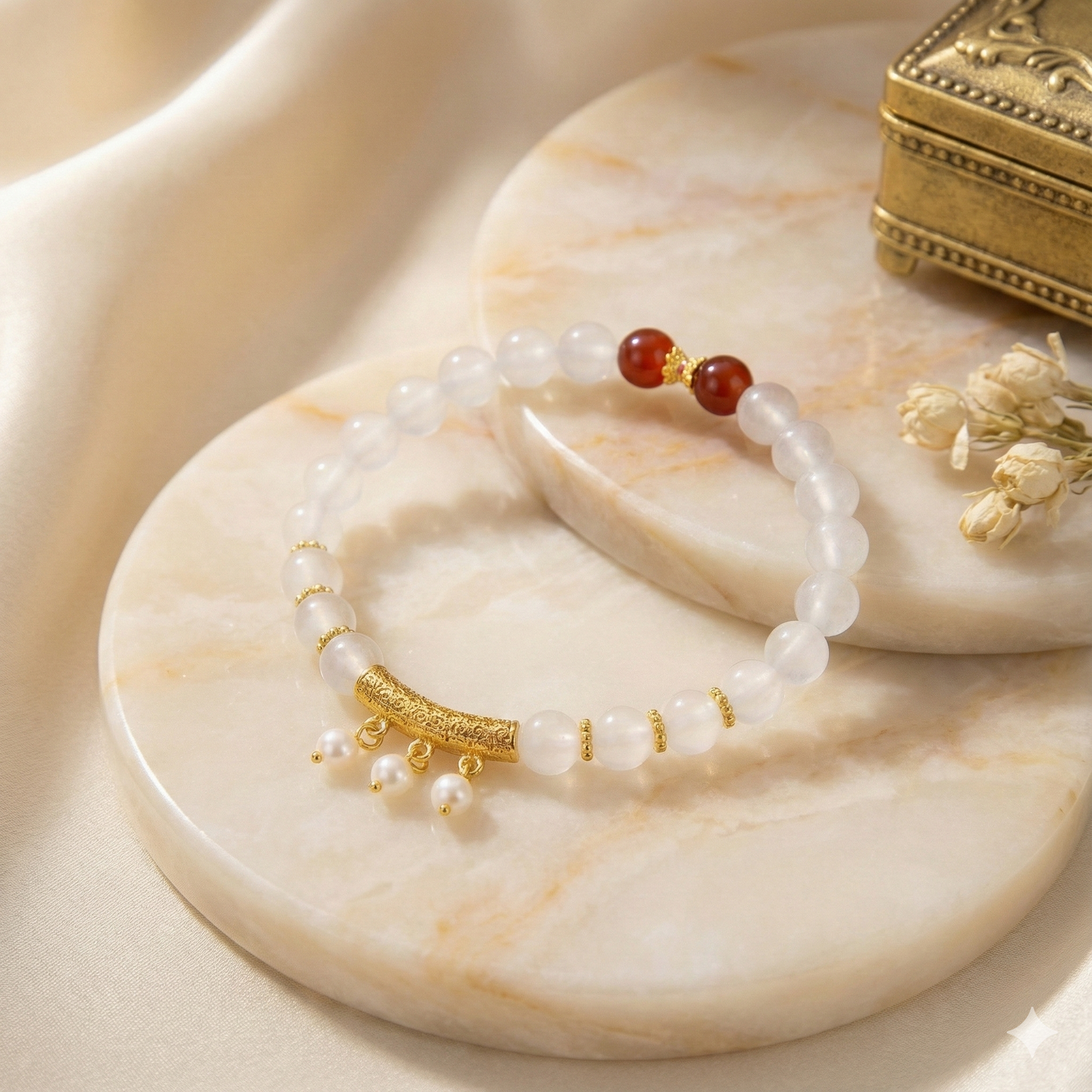"Jade Bell" White and Red Agate Bracelet 